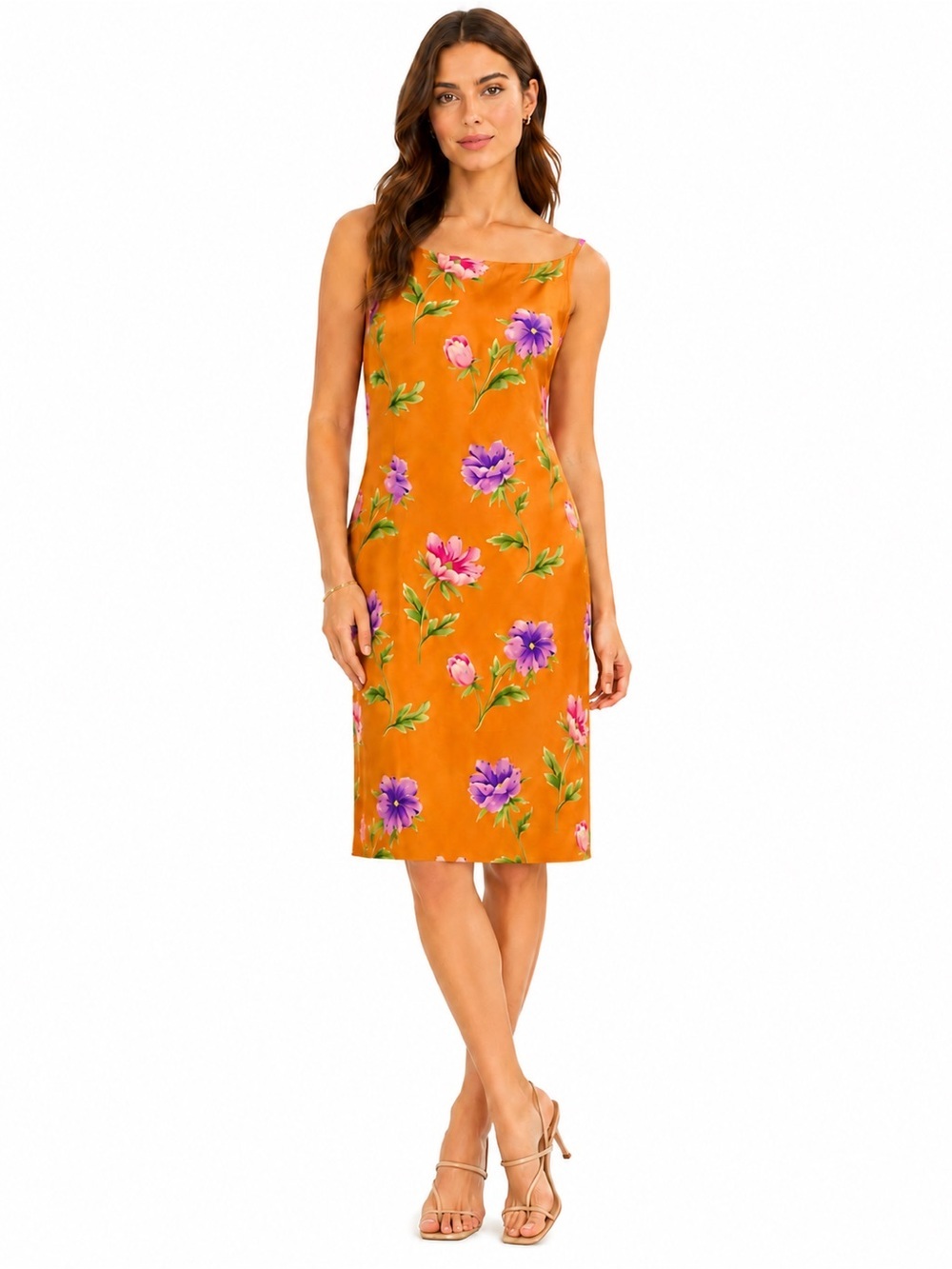 Adrianna Papell Orange Floral Silk Sleeveless Shift Dress Above Knee Size 12